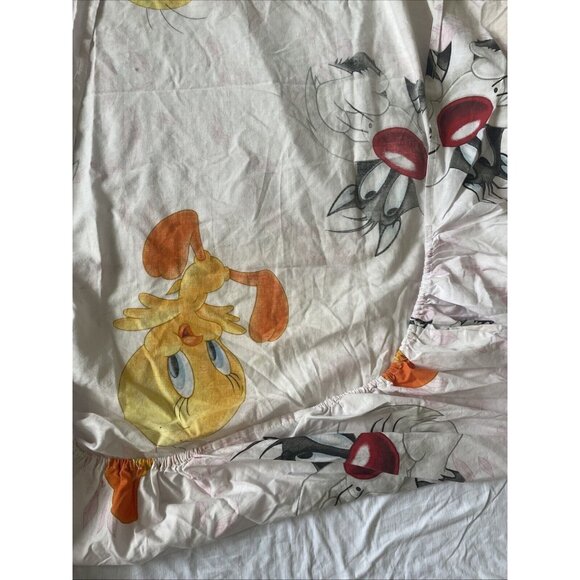 Vintage Tweety Bird & Sylvester Twin Flat Sheet Warner Bros 90s Cartoon White Pi - Picture 10 of 11